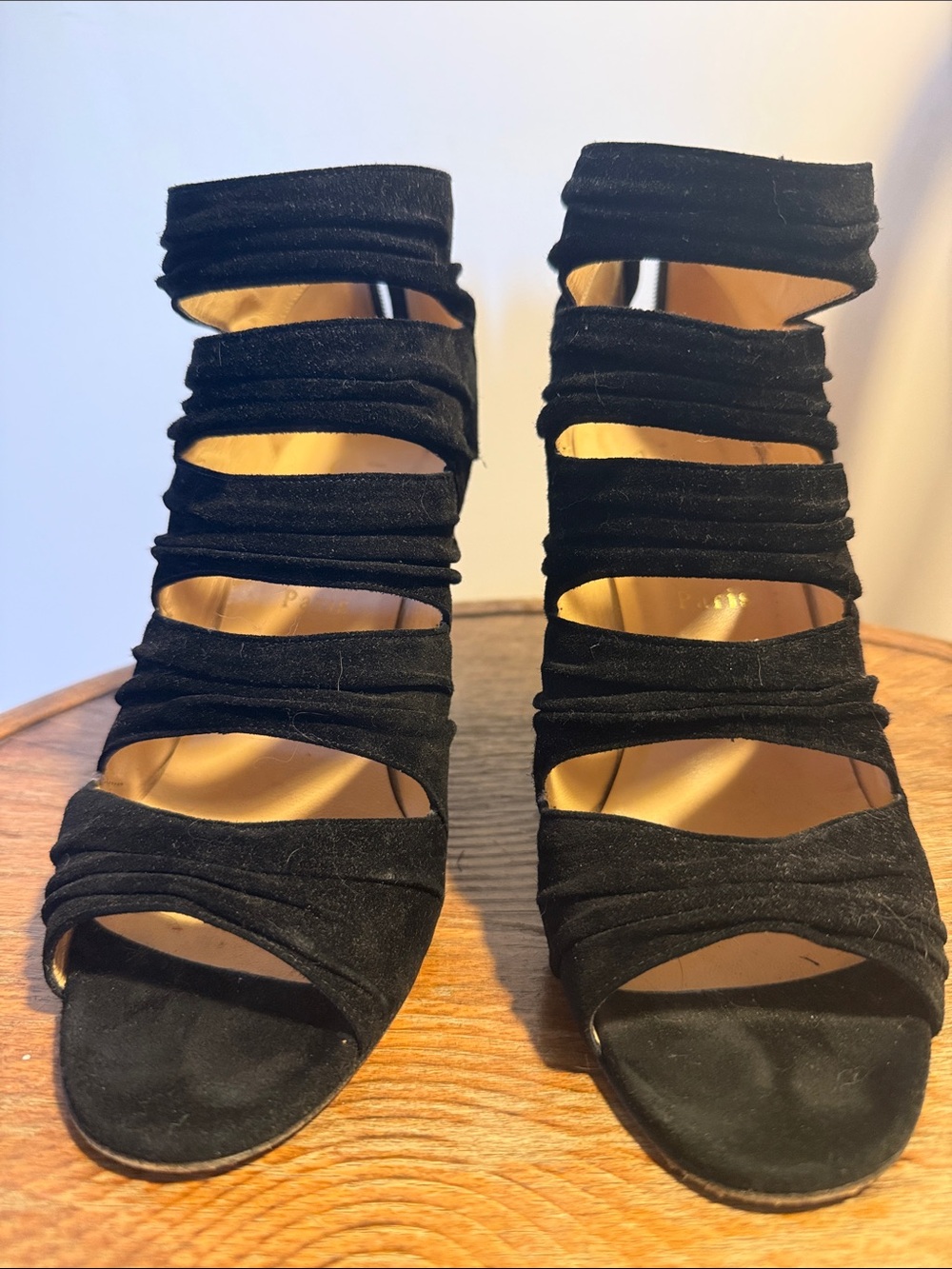 Christian Louboutin Black Ruched Strappy Open-Toe Heels